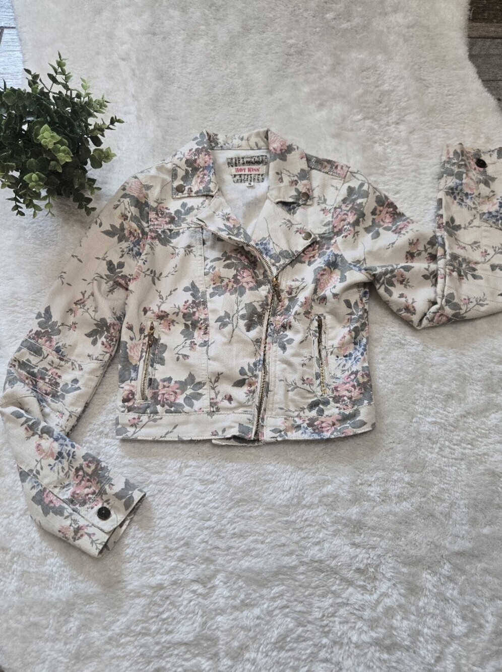 Hot Kiss Y2K Cream Floral Cropped Asymmetrical Moto Jacket, Size Small